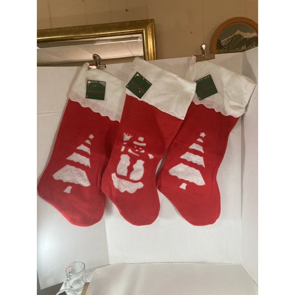 Vintage Large Red Felt Stockings 25.5” Set Of 3 Snowman Trees With Tags NOS